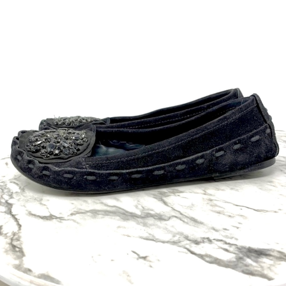 Vera Wang Lavender Label Embellished Black Suede Moccasin Flats 6.5 Edgy Casual - Picture 3 of 16